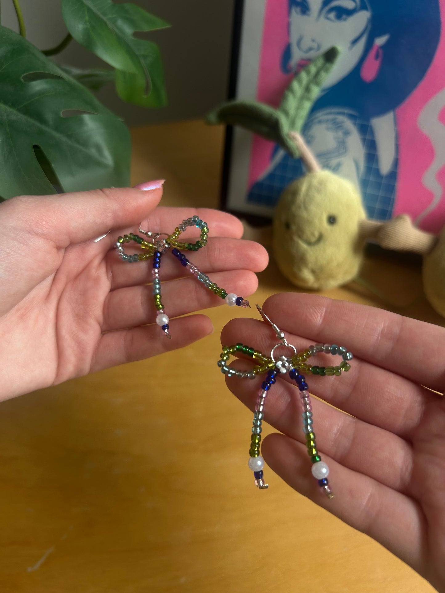 Green & Blue Beaded Bow Earrings