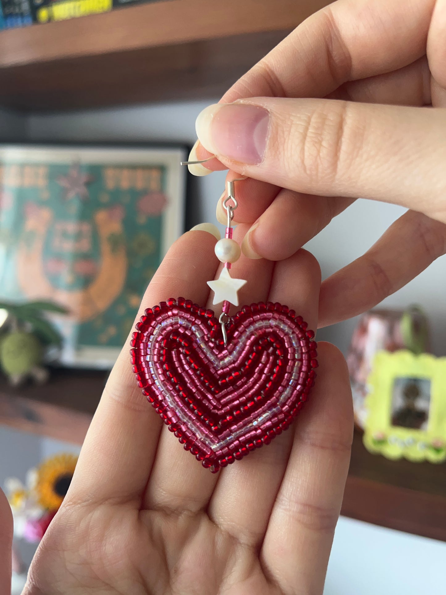 Beaded Red Retro Heart Earrings