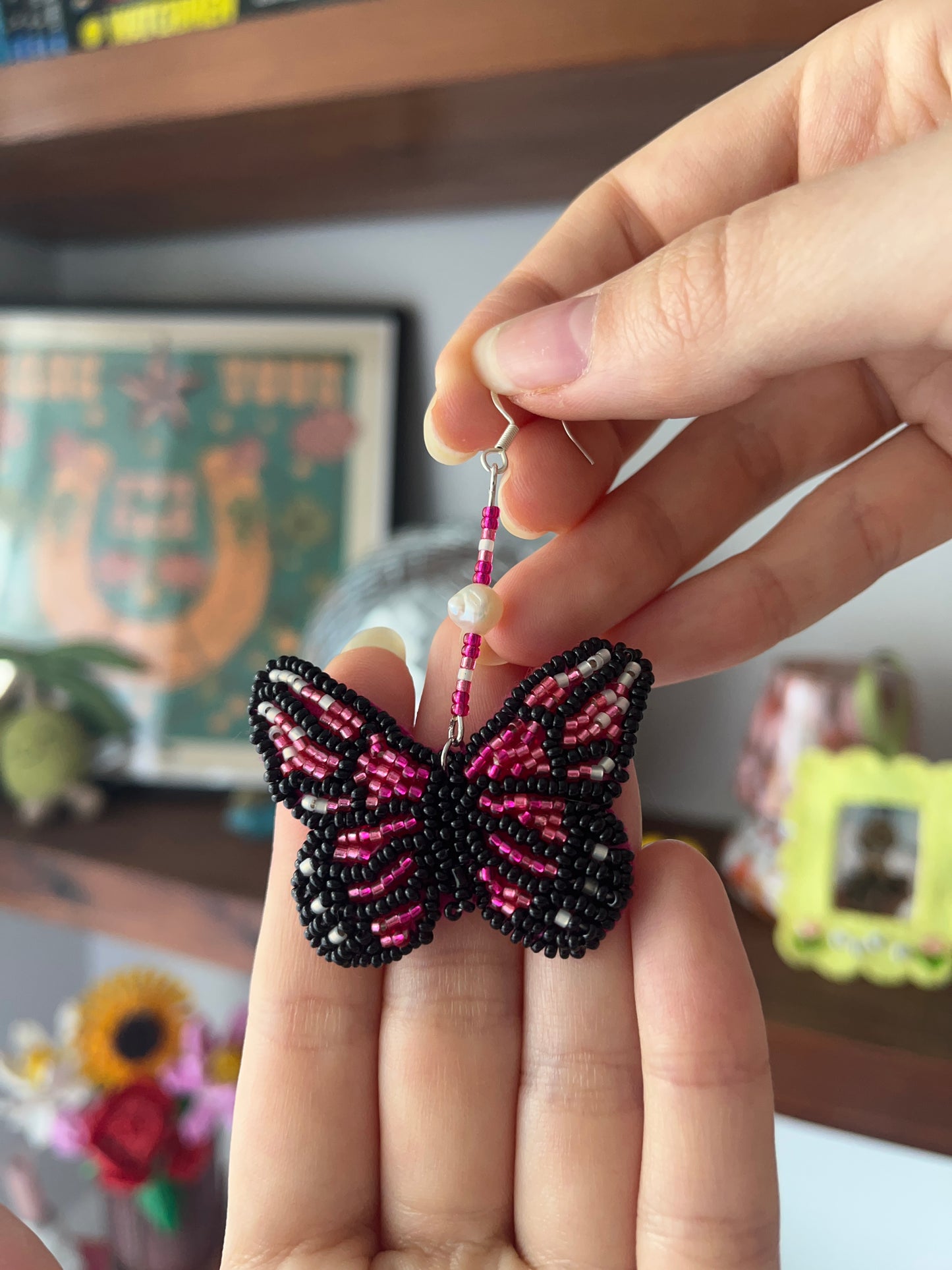Beaded Black and Pink Butterfly Earrings