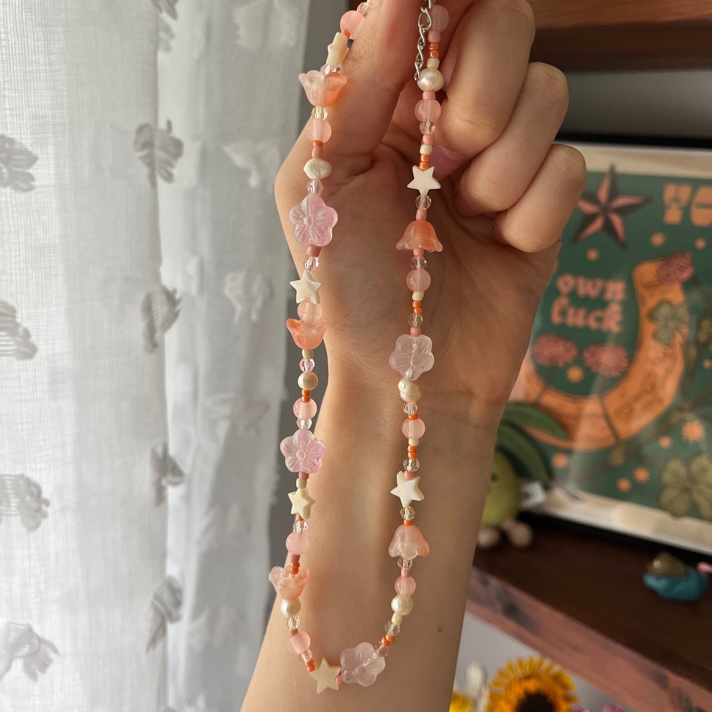Peach & Pink Chunky Flower Necklace