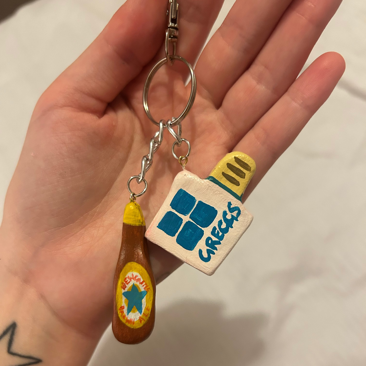 Greggs Sausage Roll & Newcastle Brown Ale Clay Bag Charm