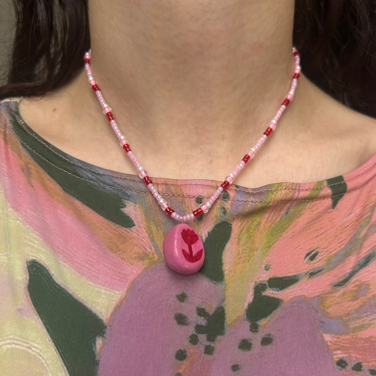 Pink Chunky Flower Charm Necklace