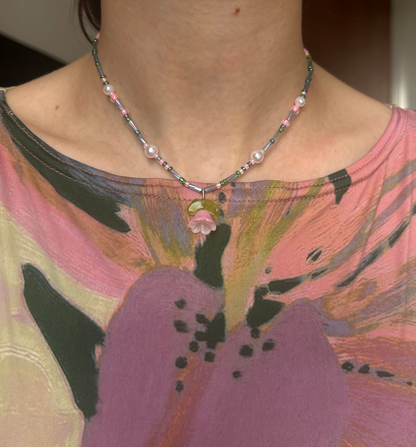 Blue & Pink Flower Beaded Necklace