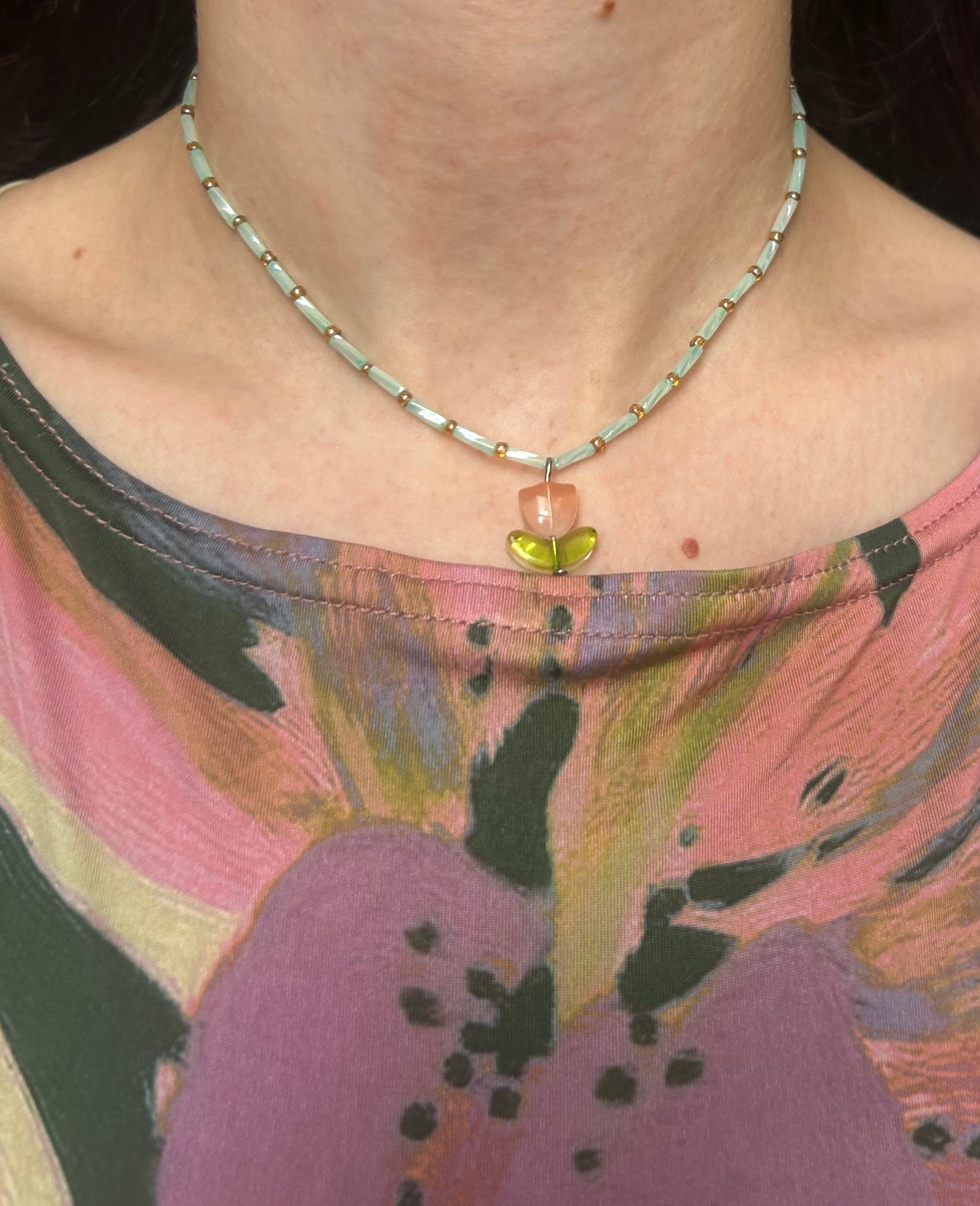 Pink & Blue Tulip Beaded Necklace