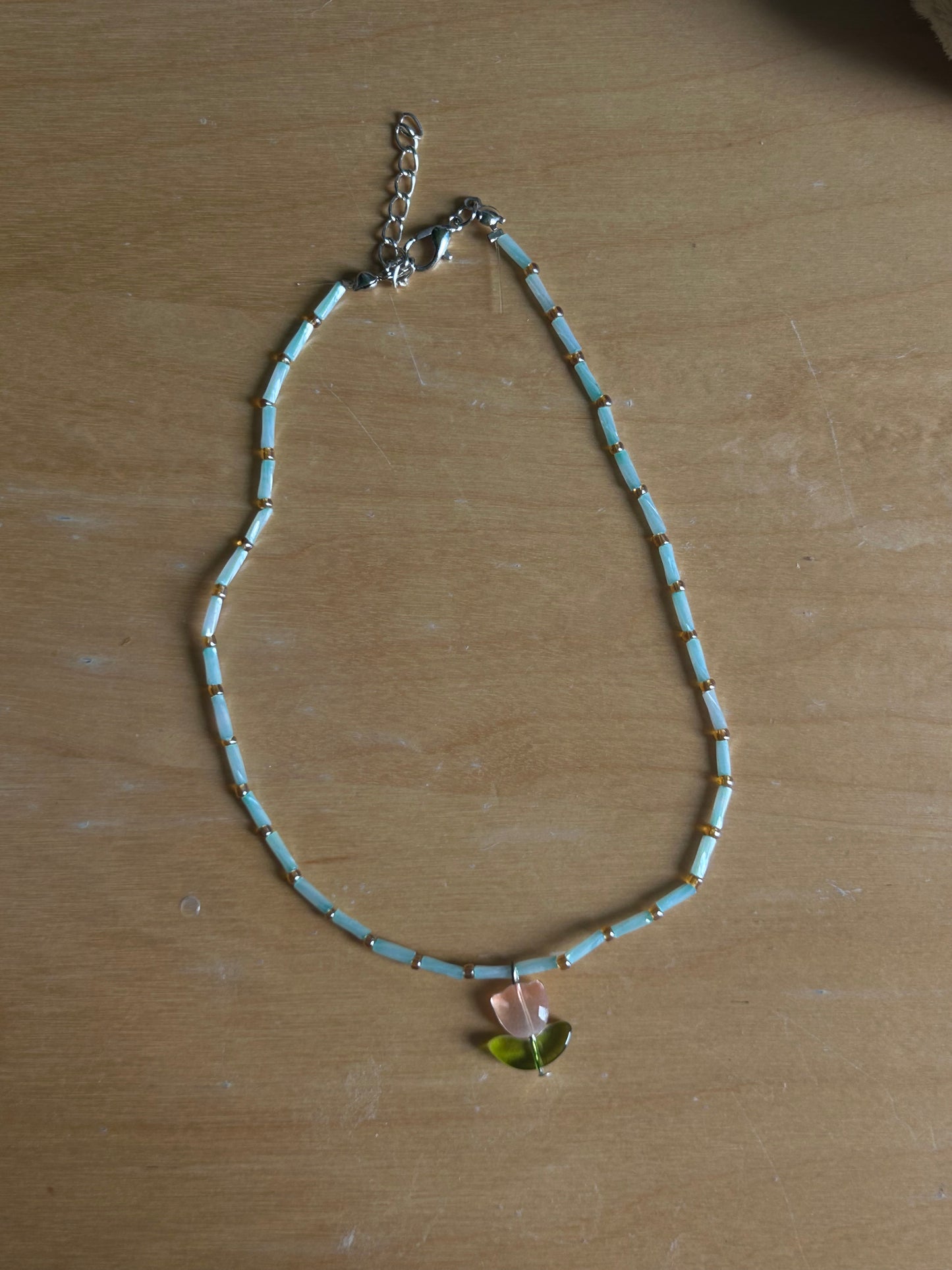 Pink & Blue Tulip Beaded Necklace