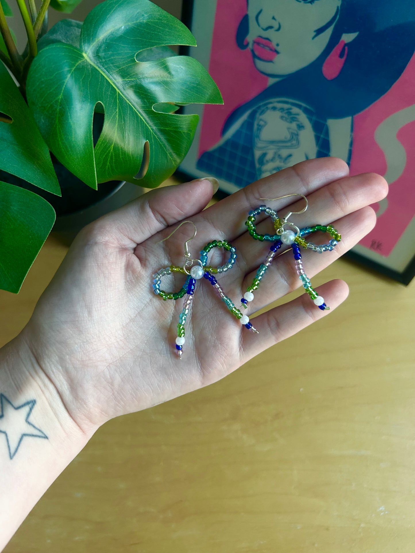 Green & Blue Beaded Bow Earrings
