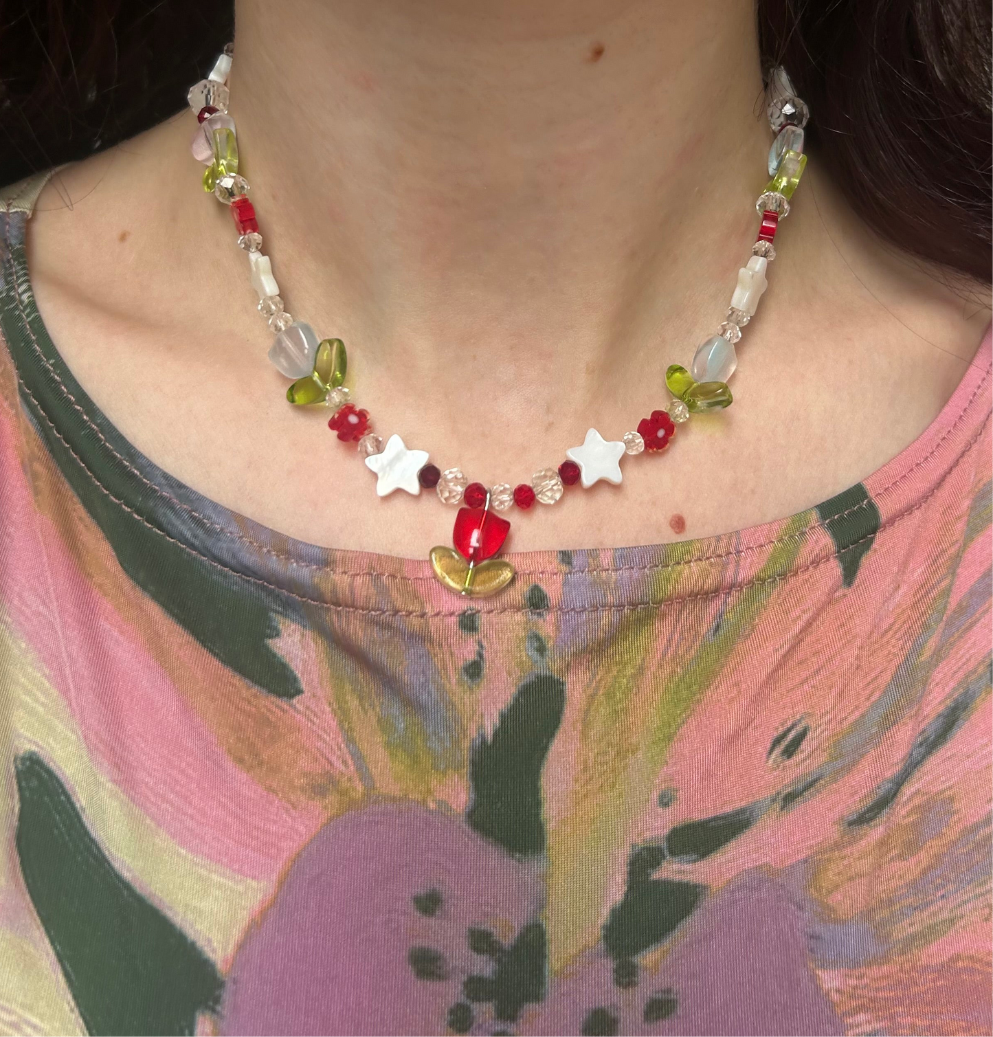 Red Chunky Floral & Stars Necklace