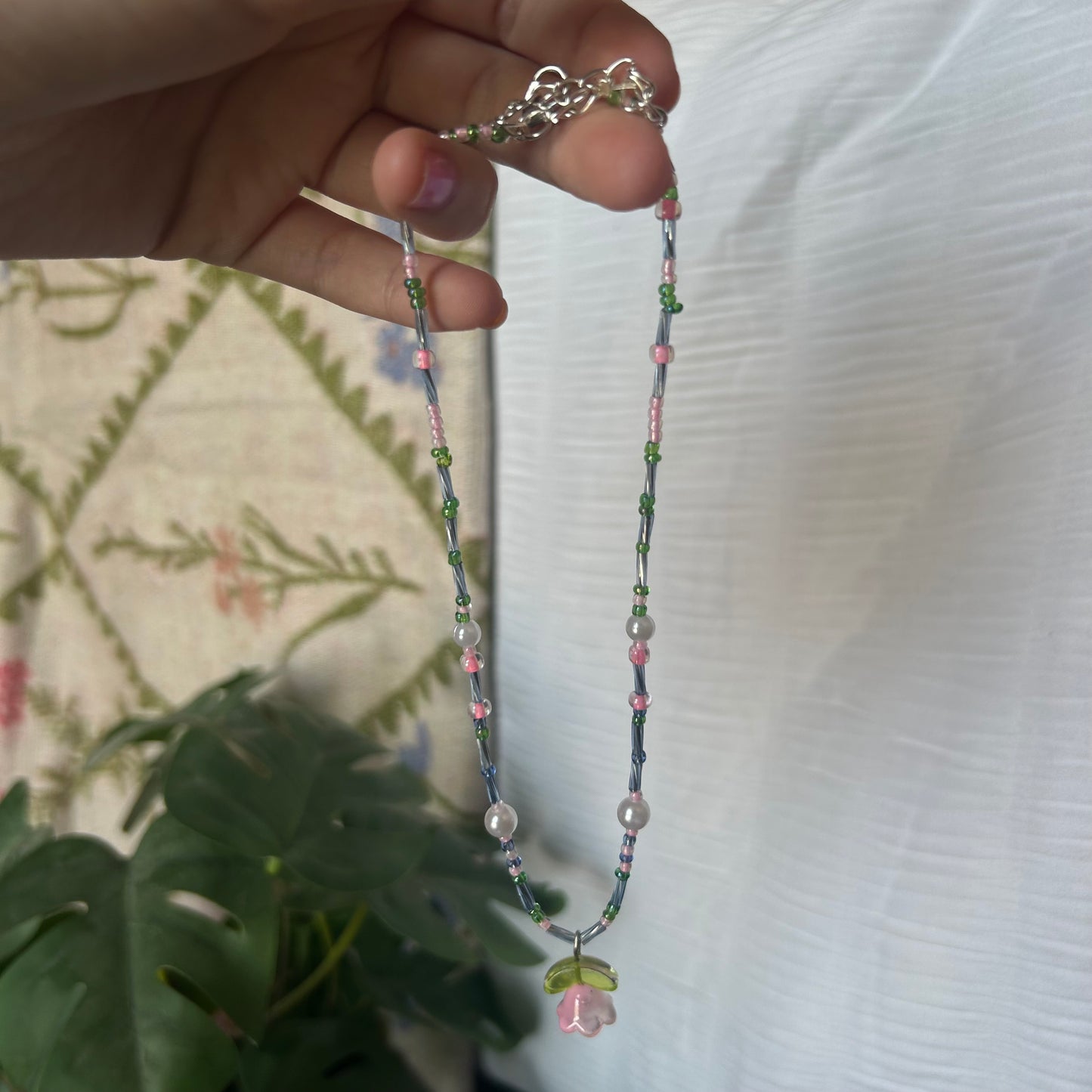 Blue & Pink Flower Beaded Necklace