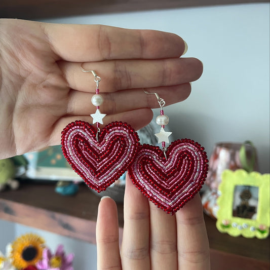 Beaded Red Retro Heart Earrings