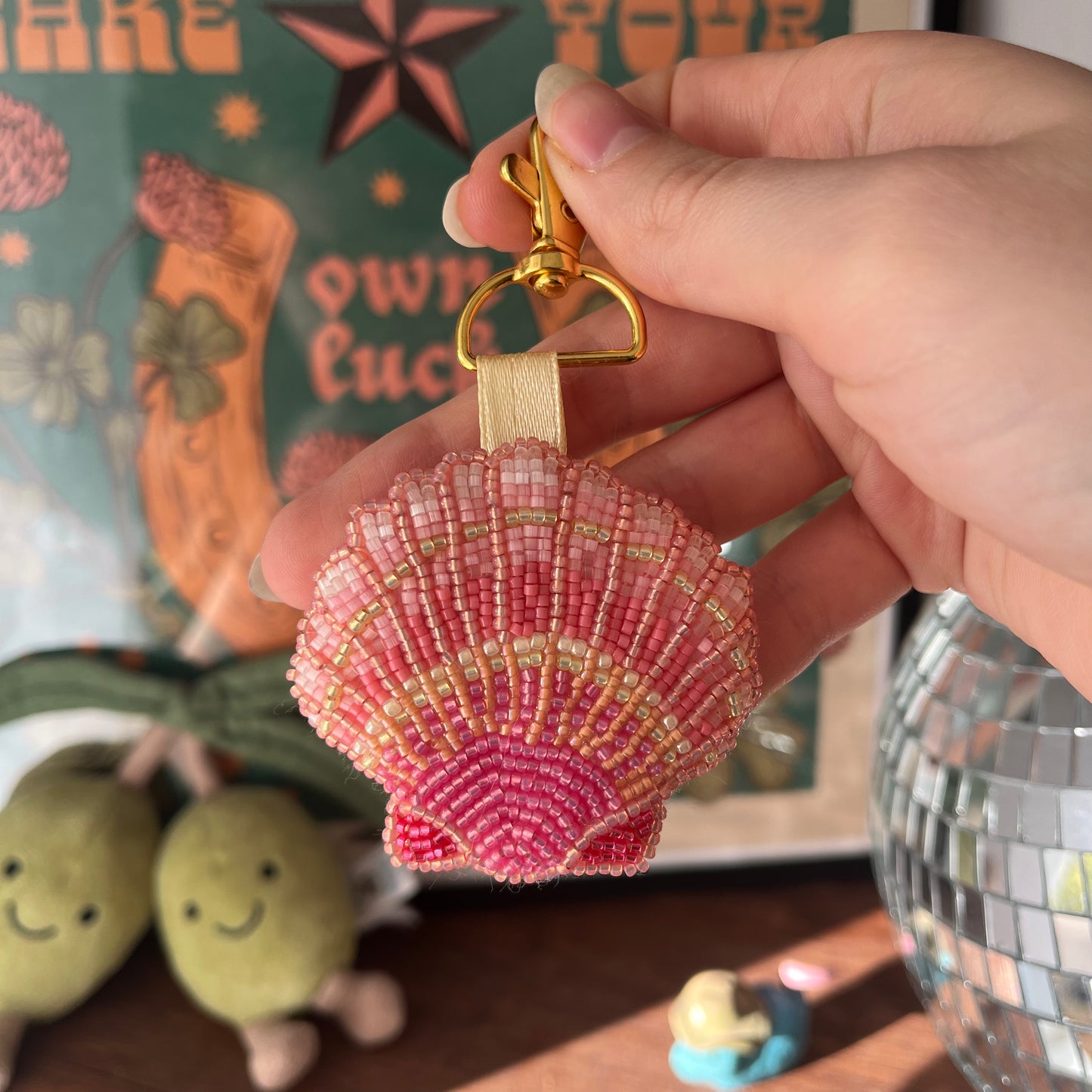 Pink Shell Beaded Bag Charm